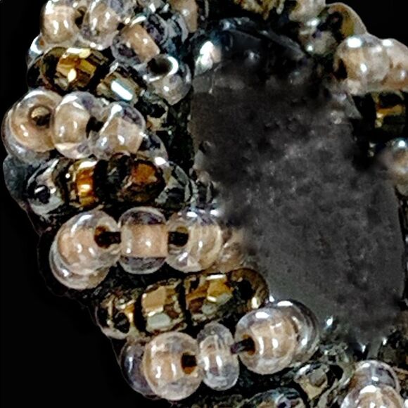 Hand  beaded silver natural hematite earrings with black crystal beaded border - Picture 6 of 9